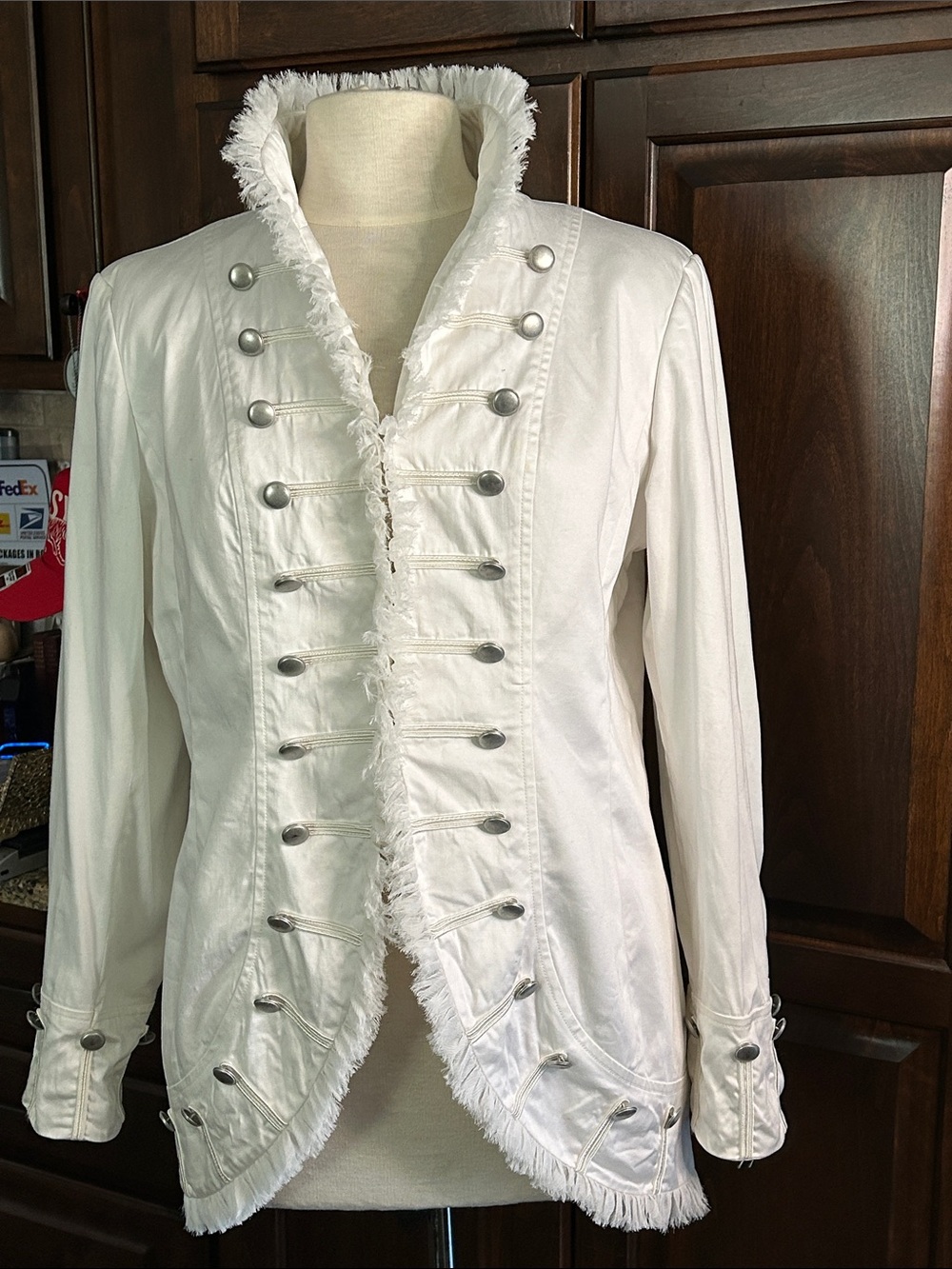 Zoey Sz 12 White Fringed Lace Collar Military-Style Women's Jacket Blazer